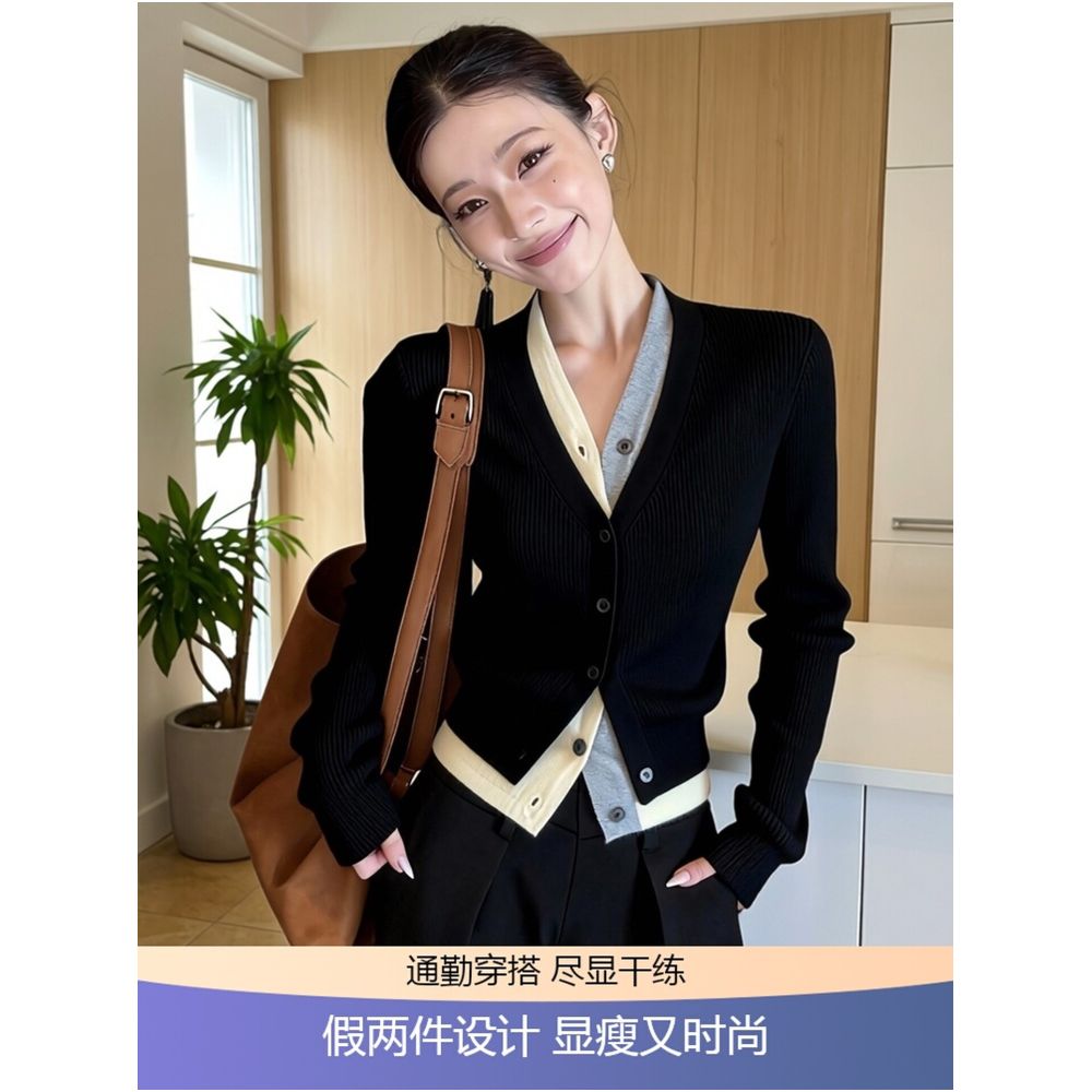 High end black faux two piece knit cardigan long sleeved slim fit suitable for commuting new style for winter 2026 fashionable and versatile image 0