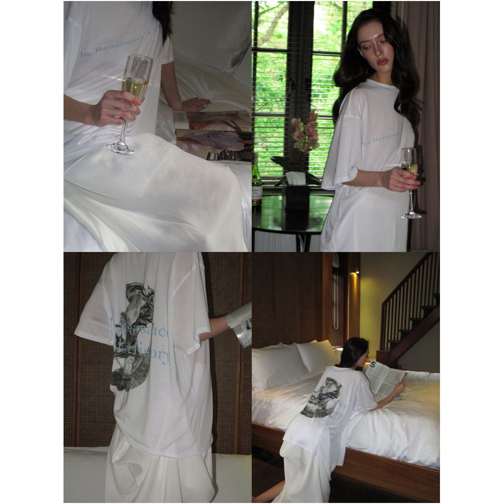 0122stepll Renaissance White Printed T Shirt Women s Summer American Style Loose Thin Round Neck Short Sleeve Top image 1