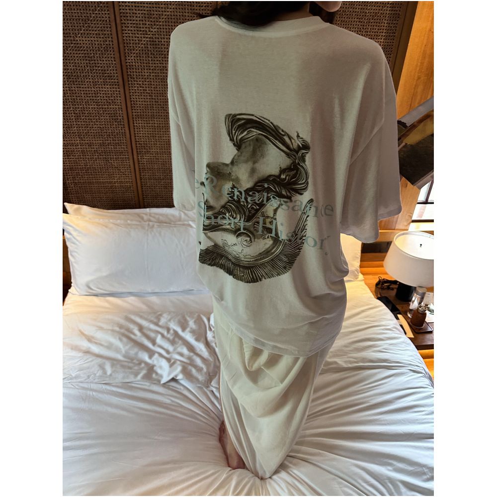 0122stepll Renaissance White Printed T Shirt Women s Summer American Style Loose Thin Round Neck Short Sleeve Top image 4