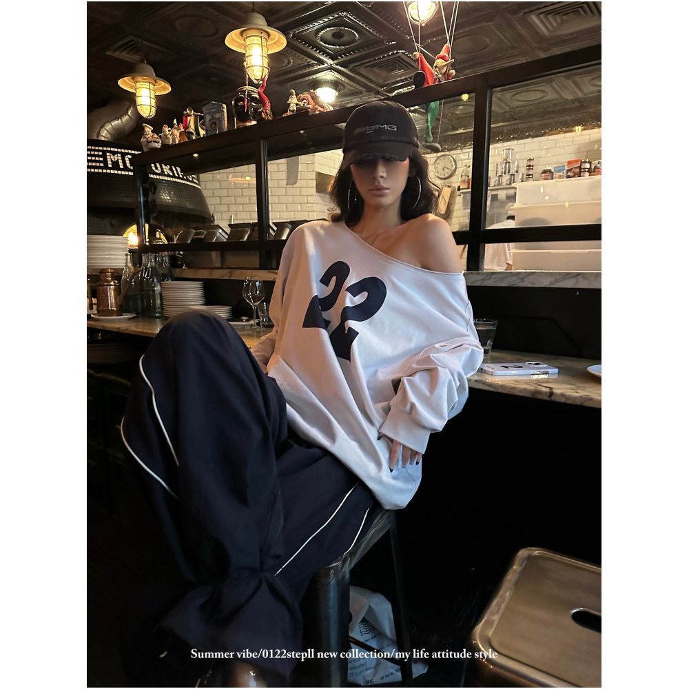 0122stepll Reimagines American High Street Style Gray Off Shoulder Sweatshirt for Women Autumn Lazy Loose Design One Shoulder Top image 1