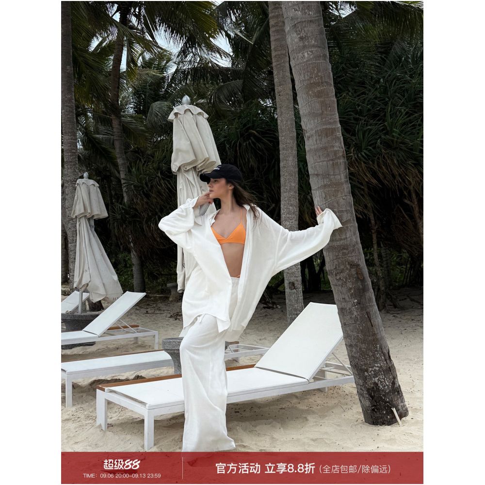 0122stepll Born for Chill White Linen Shirt Cover Up Loose fitting Casual Pants Set image 0