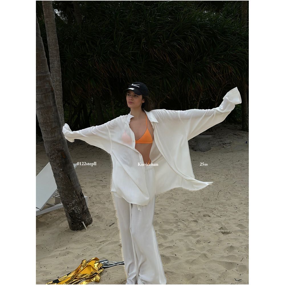 0122stepll Born for Chill White Linen Shirt Cover Up Loose fitting Casual Pants Set image 1