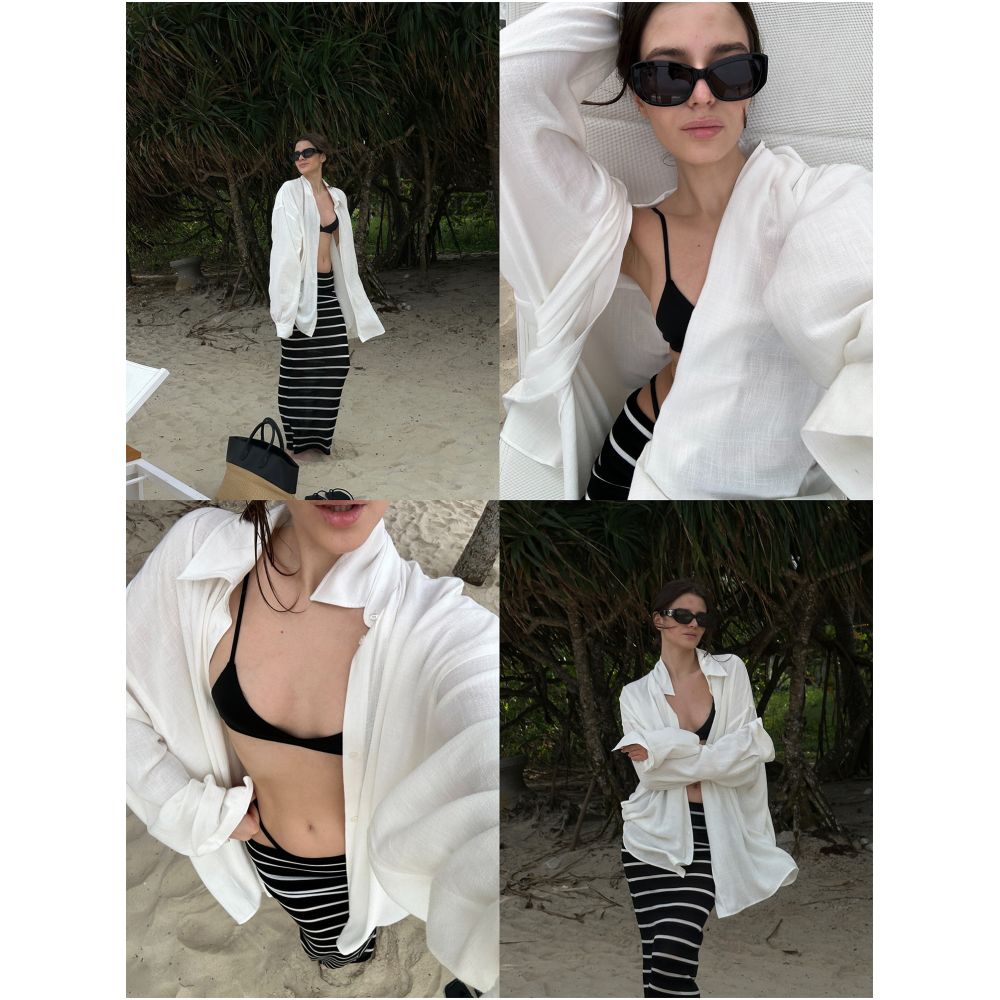 0122stepll Born for Chill White Linen Shirt Cover Up Loose fitting Casual Pants Set image 3
