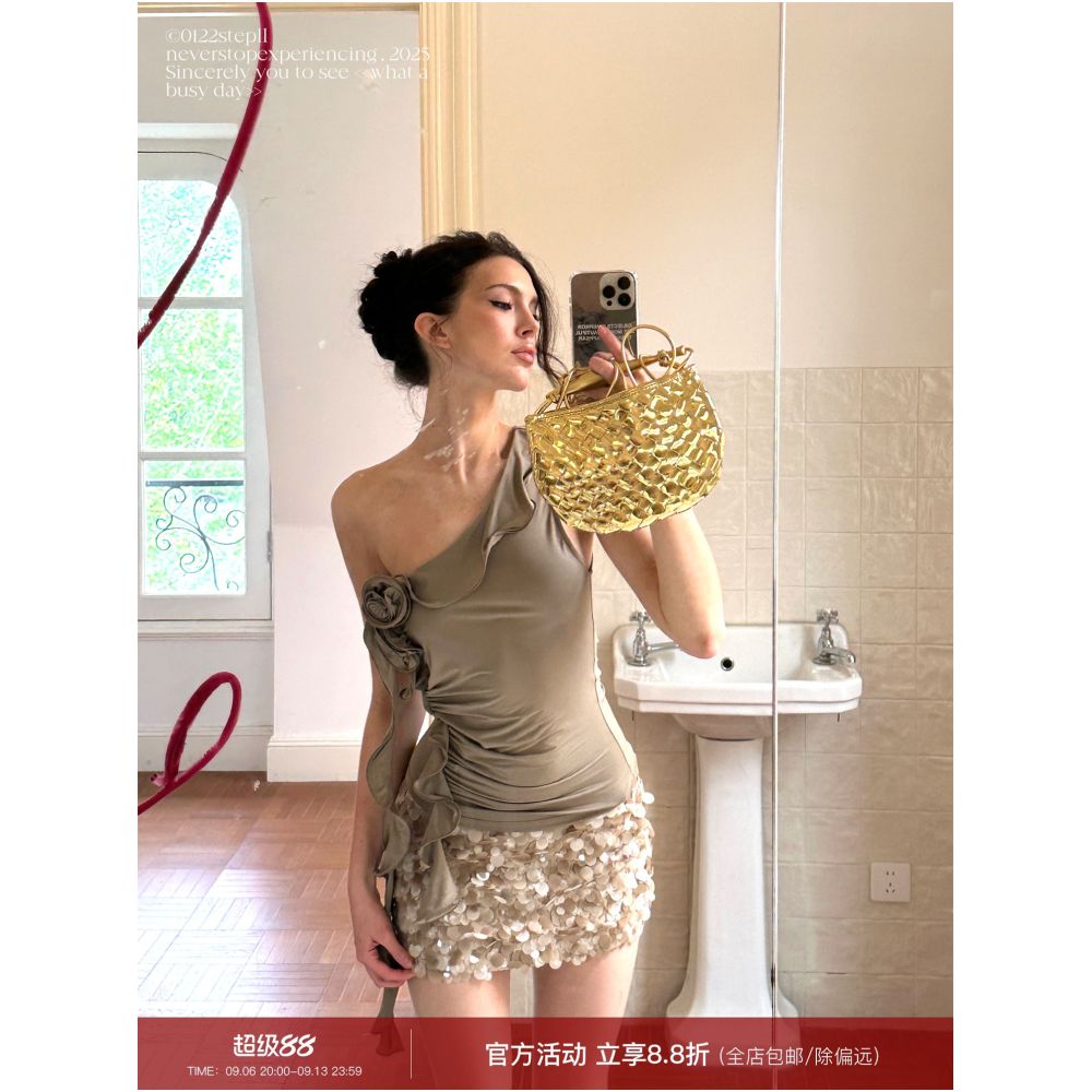 0122stepll Shining Beauty Sequined Midi Skirt for Women Summer Design Low Waist Slim Fit Bodycon Mini Skirt image 0
