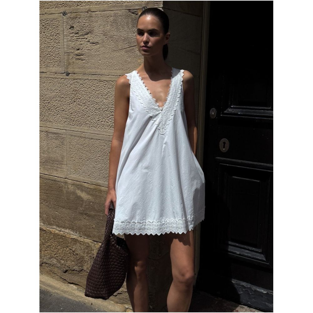 Dissh niche design relaxed style V neck sleeveless lace embroidered patchwork dress A line solid color dress image 0