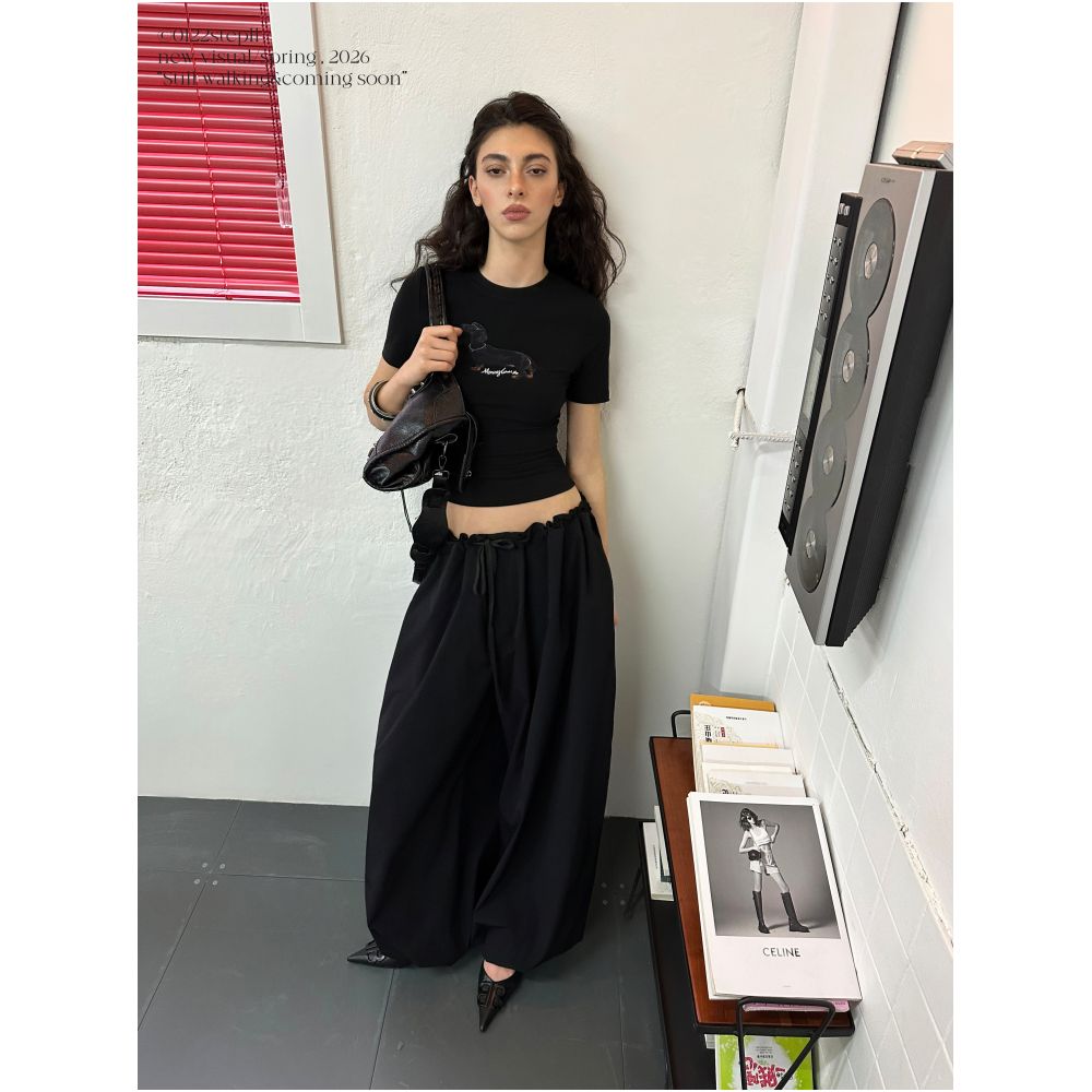 0122stepll Swift Action Black Drawstring Pants for Women Loose Relaxed Slimming Wide Leg Casual Pants image 1