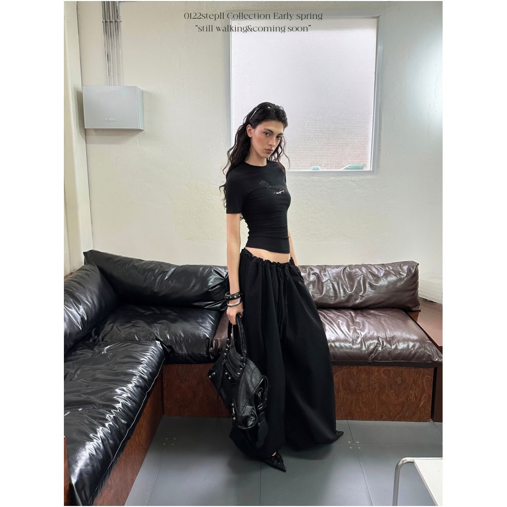 0122stepll Swift Action Black Drawstring Pants for Women Loose Relaxed Slimming Wide Leg Casual Pants image 2