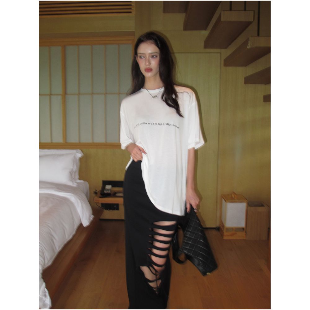 0122stepll White T shirt for women loose and relaxed style oversized round neck printed short sleeved top image 3