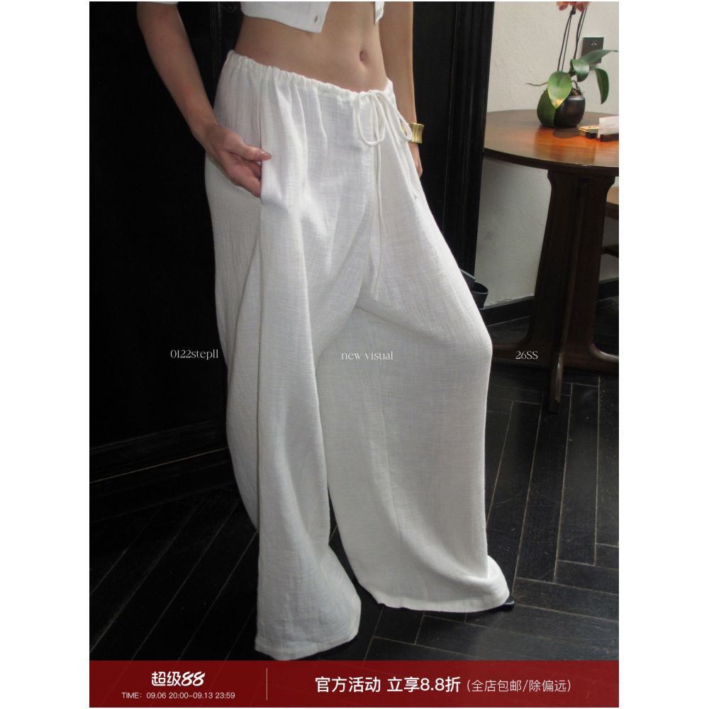 0122stepll White Textured Casual Pants for Women Summer Relaxed Style Ramie Cotton Blend Low Waist Wide Leg Pants image 0
