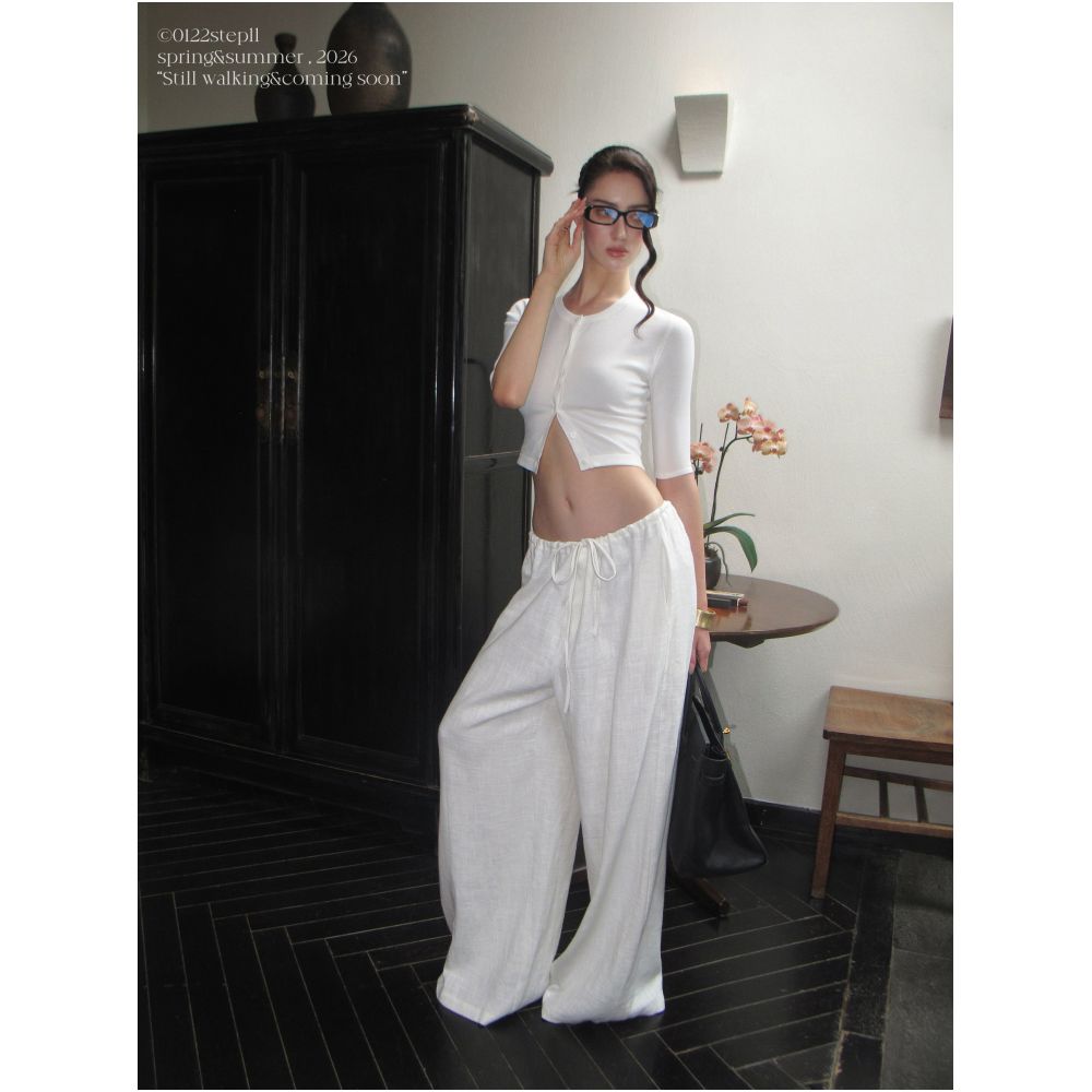 0122stepll White Textured Casual Pants for Women Summer Relaxed Style Ramie Cotton Blend Low Waist Wide Leg Pants image 1