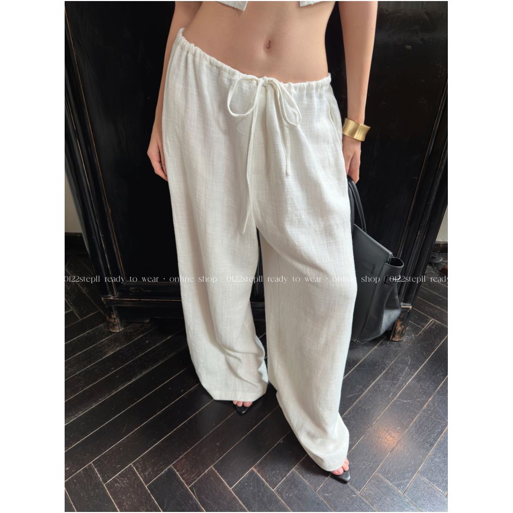 0122stepll White Textured Casual Pants for Women Summer Relaxed Style Ramie Cotton Blend Low Waist Wide Leg Pants image 2