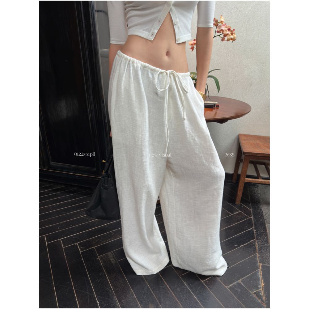 0122stepll White Textured Casual Pants for Women Summer Relaxed Style Ramie Cotton Blend Low Waist Wide Leg Pants image 3