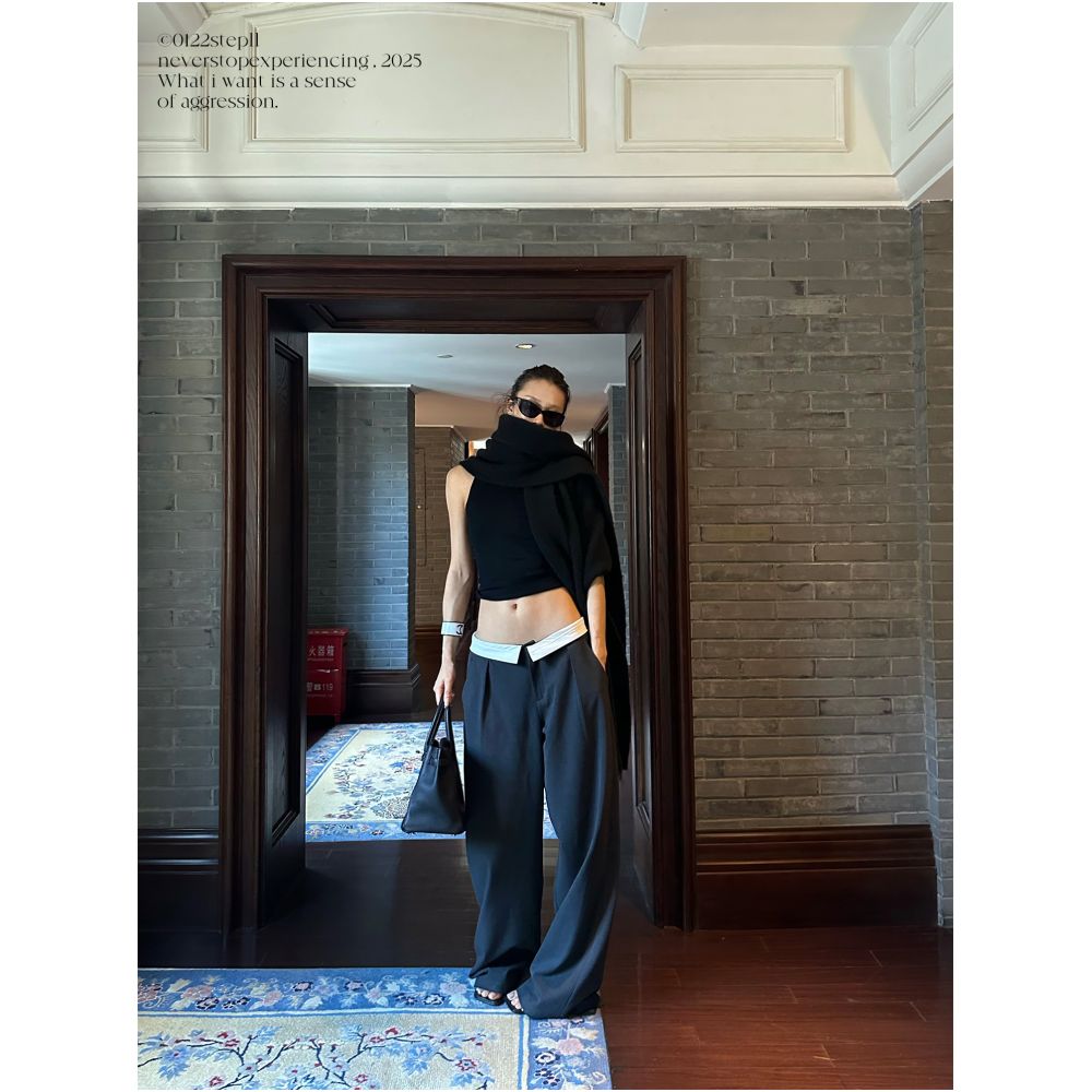 0122stepll Low waisted wide leg casual pants for women high end style loose fit slimming straight leg floor length suit pants image 2