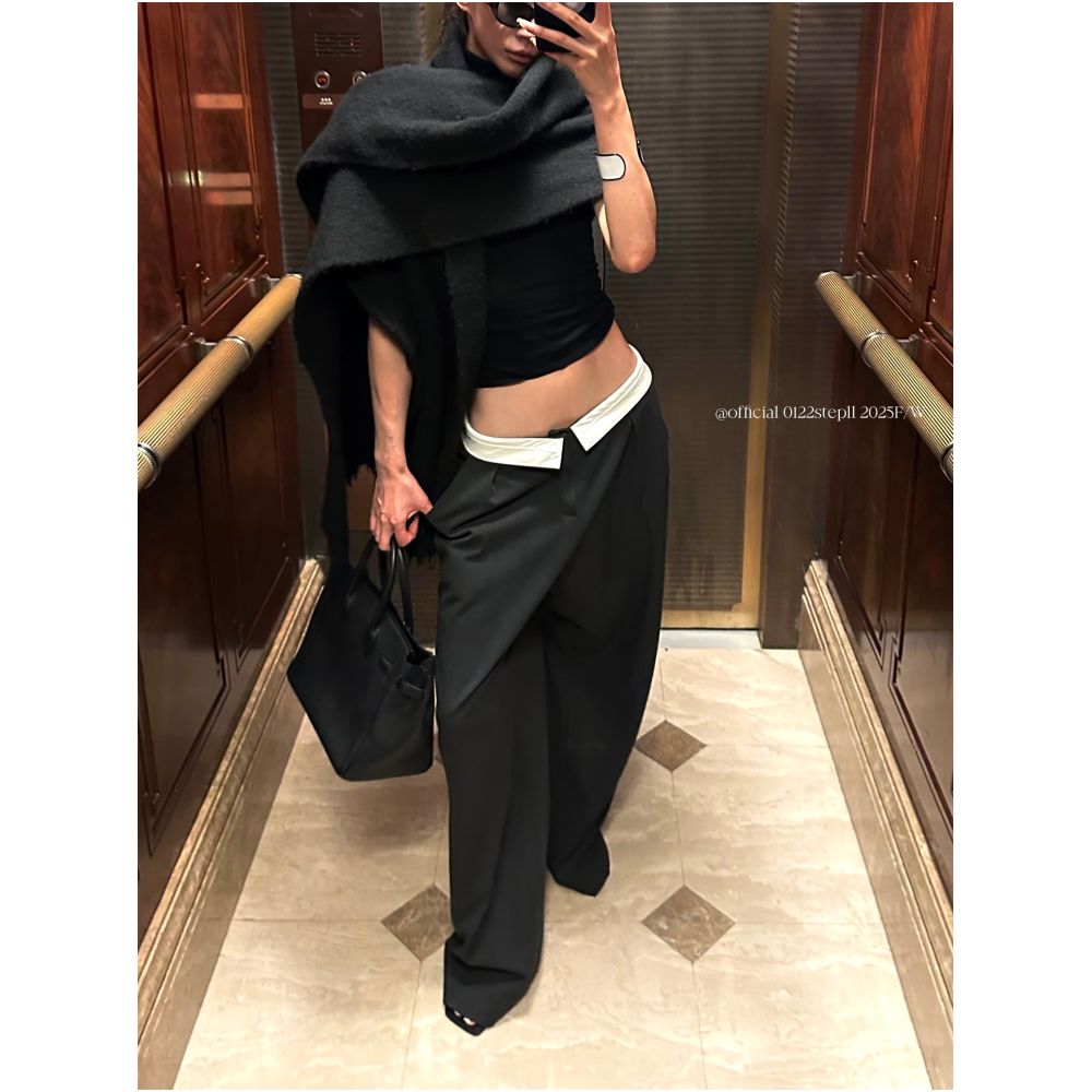 ASAYA7636 – Contrast Foldover Wide-Leg Pants 🖤🤍