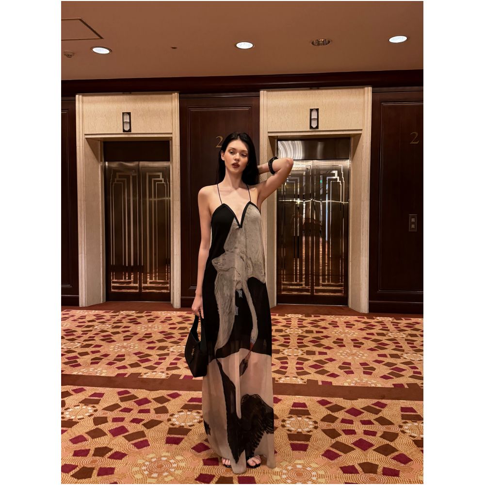 0122stepll Swan Kiss Print V neck Spaghetti Strap Dress for Women Artistic Loose Fit Slimming Vacation Maxi Dress image 3