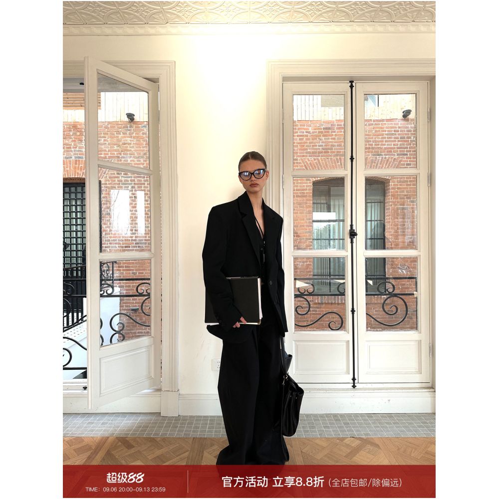 0122stepll Urban Lady Gentleman Black Wide Leg Padded Shoulder Suit Jacket and Trousers Set image 0