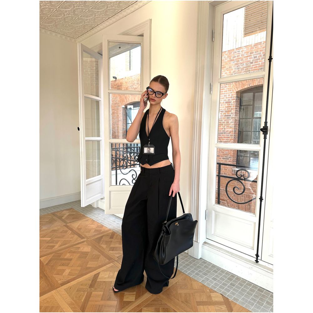 0122stepll Urban Lady Gentleman Black Wide Leg Padded Shoulder Suit Jacket and Trousers Set image 1