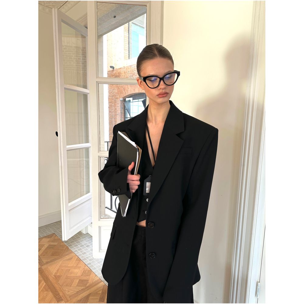 0122stepll Urban Lady Gentleman Black Wide Leg Padded Shoulder Suit Jacket and Trousers Set image 2