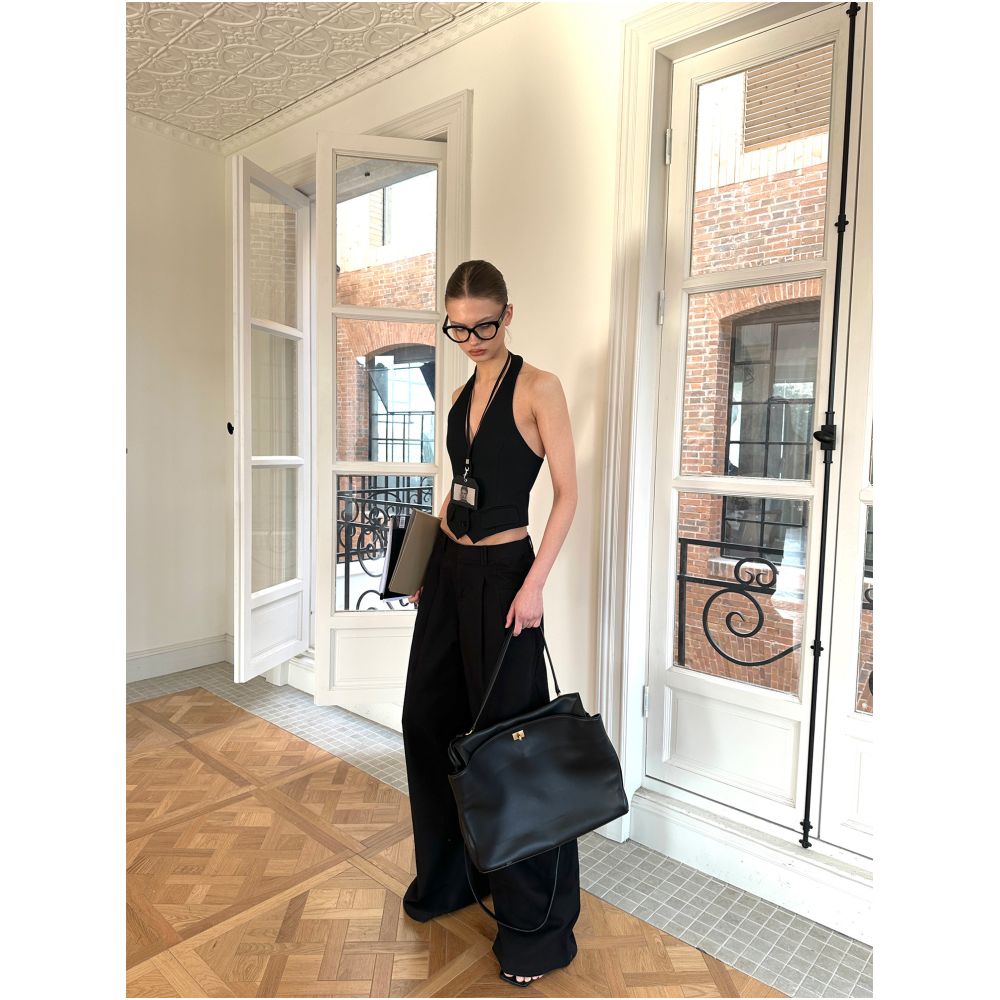 0122stepll Urban Lady Gentleman Black Wide Leg Padded Shoulder Suit Jacket and Trousers Set image 3