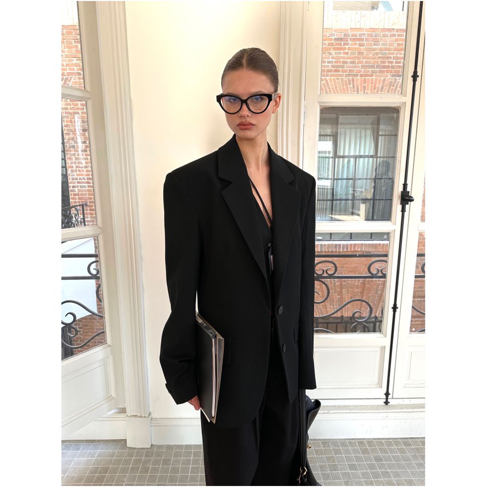 0122stepll Urban Lady Gentleman Black Wide Leg Padded Shoulder Suit Jacket and Trousers Set image 4