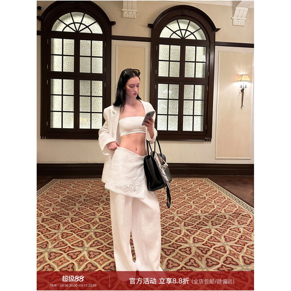0122stepll Old Money Suit Linen Suit Set for Women White Wide Shoulder Jacket and Casual Trousers Three Piece Set image 0