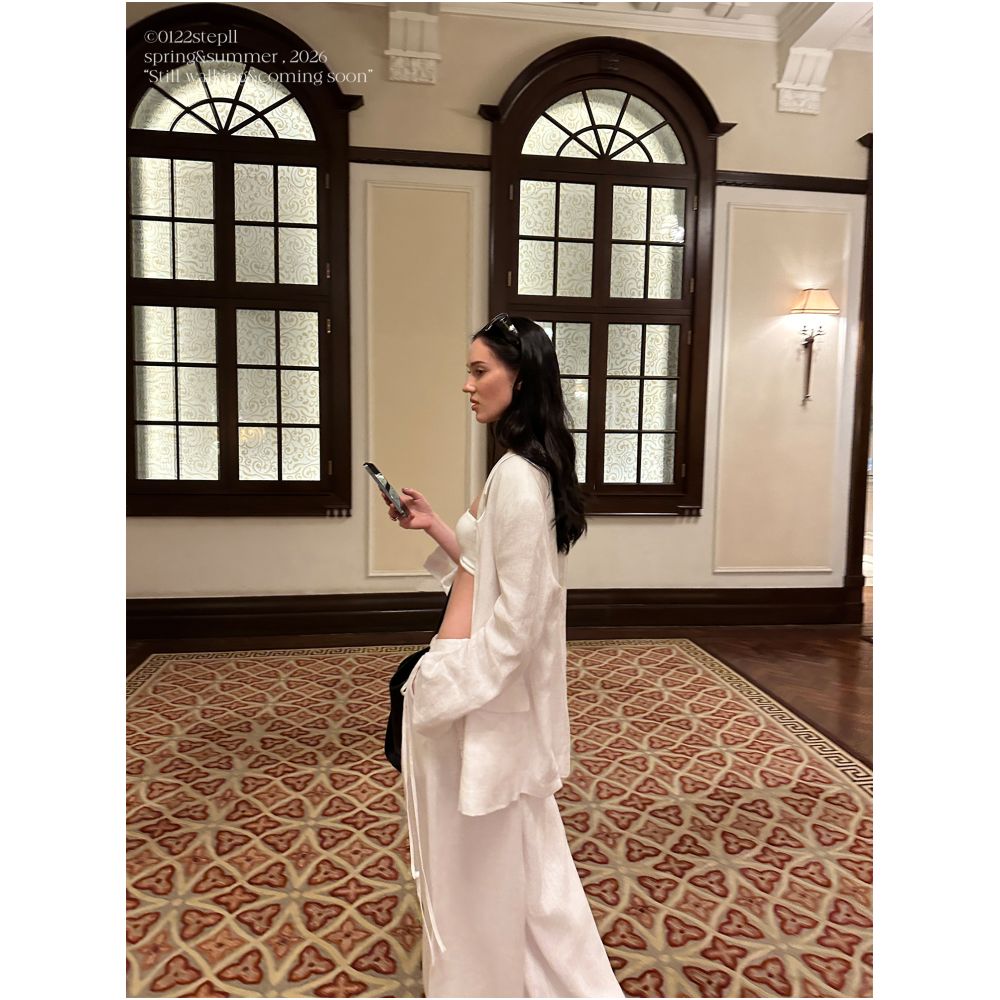 0122stepll Old Money Suit Linen Suit Set for Women White Wide Shoulder Jacket and Casual Trousers Three Piece Set image 2
