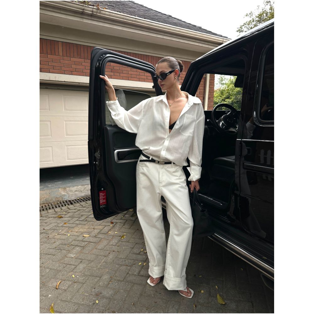 0122stepll Chic and edgy style White denim jeans for women loose fit slimming low waisted straight leg floor length image 1