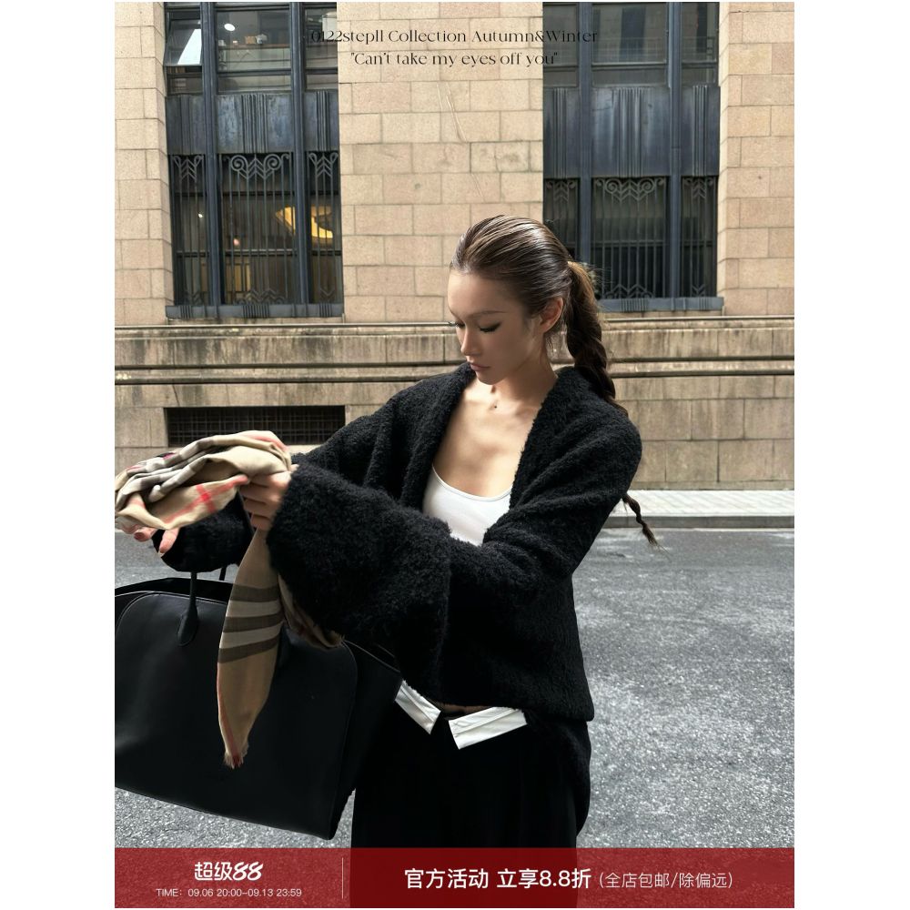 0122stepll Cloud patterned tulle black batwing sleeve sweater for women soft cozy loose fitting cardigan image 0