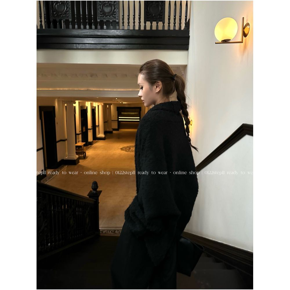 0122stepll Cloud patterned tulle black batwing sleeve sweater for women soft cozy loose fitting cardigan image 2