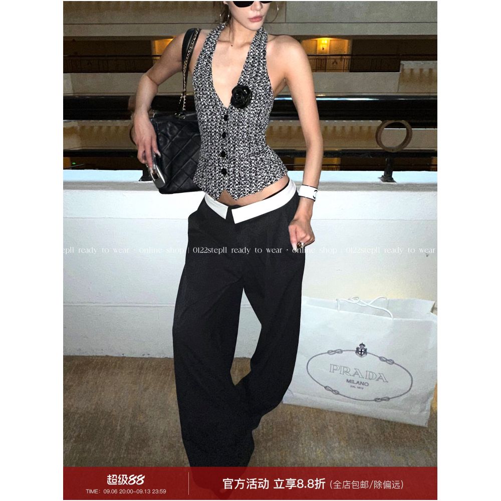 0122stepll Paris Chanson Chanel style halter neck vest high end slim fit backless V neck camisole top for women image 0