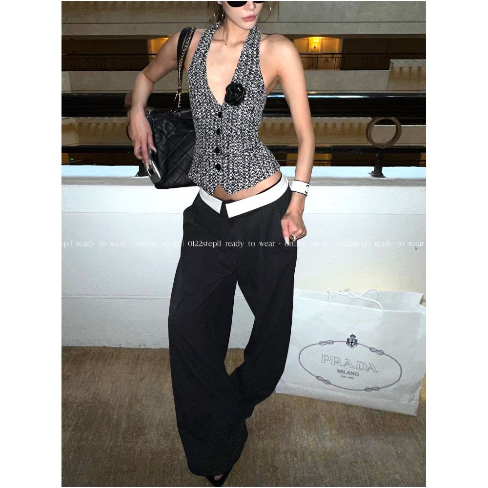 ASAYA7641 – Noir Rosette Halter Vest 🖤🌹