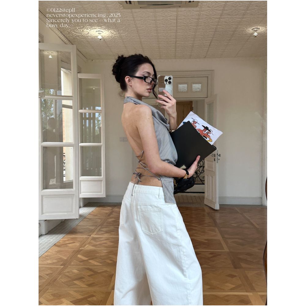 0122stepll Cool and Desirable Urban Striped Halter Neck T Shirt Women s Slim Fit Tie Neck Sleeveless Backless Top image 2