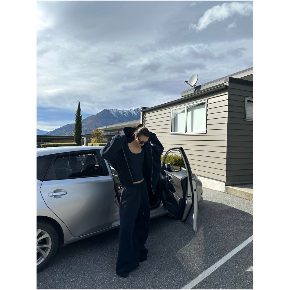 0122stepll Navy Blue Hoodie Set Cardigan Jacket Loose Casual Drawstring Wide Leg Pants Three Piece Set image 1