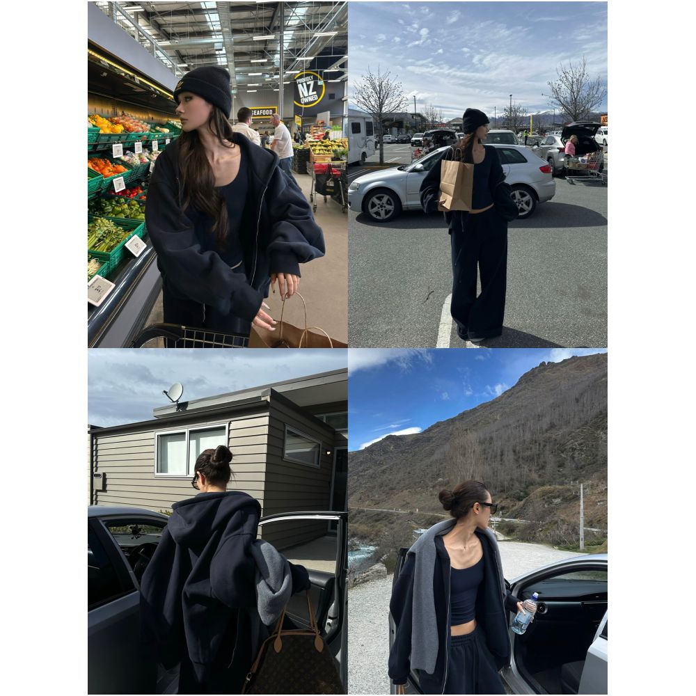 0122stepll Navy Blue Hoodie Set Cardigan Jacket Loose Casual Drawstring Wide Leg Pants Three Piece Set image 3