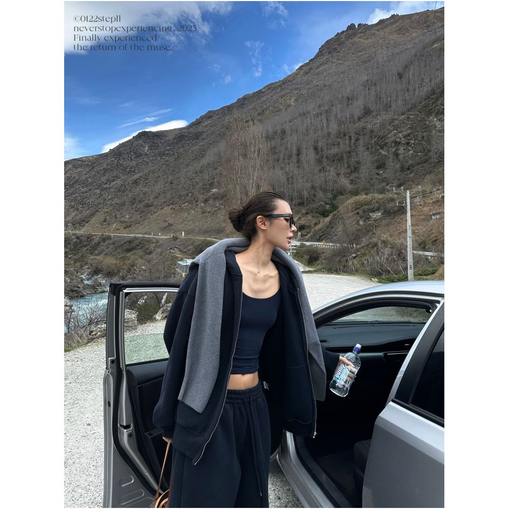 0122stepll Navy Blue Hoodie Set Cardigan Jacket Loose Casual Drawstring Wide Leg Pants Three Piece Set image 4