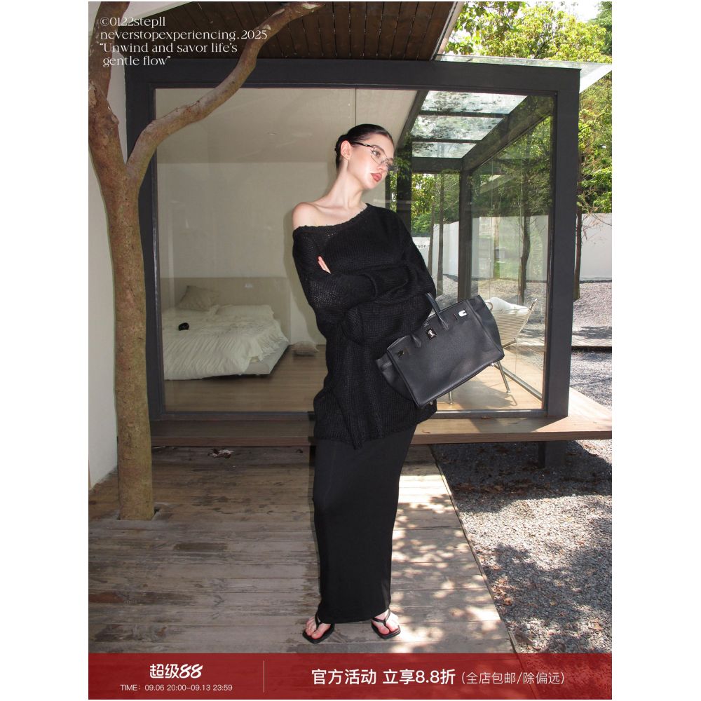 0122stepll Elegant and Relaxed Black Sweater Two Piece Set for Women Slimming and Waist Defining Strapless Dress Suit image 0