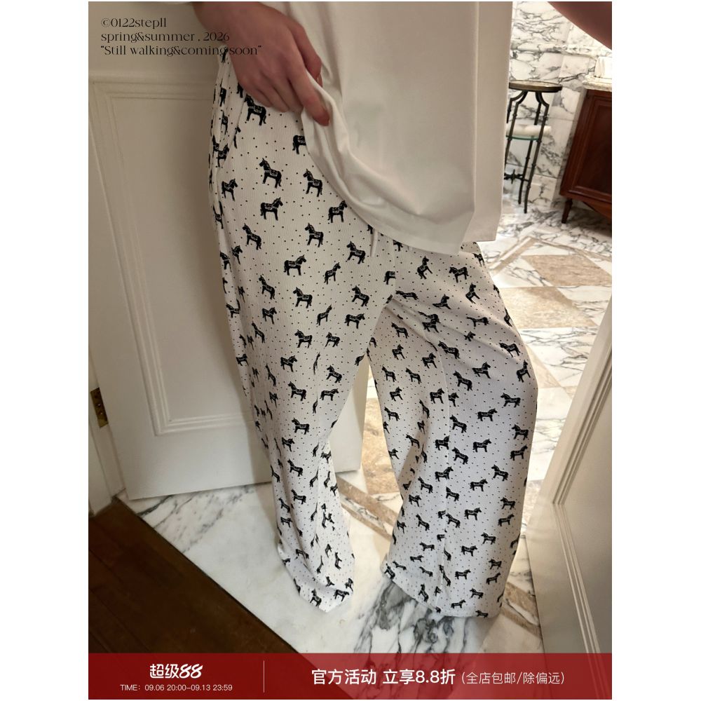 0122stepll Polka Dot Pony White Print Wide Leg Pants for Women Relaxed and Relaxed Drawstring Low Waisted Casual Pants image 0