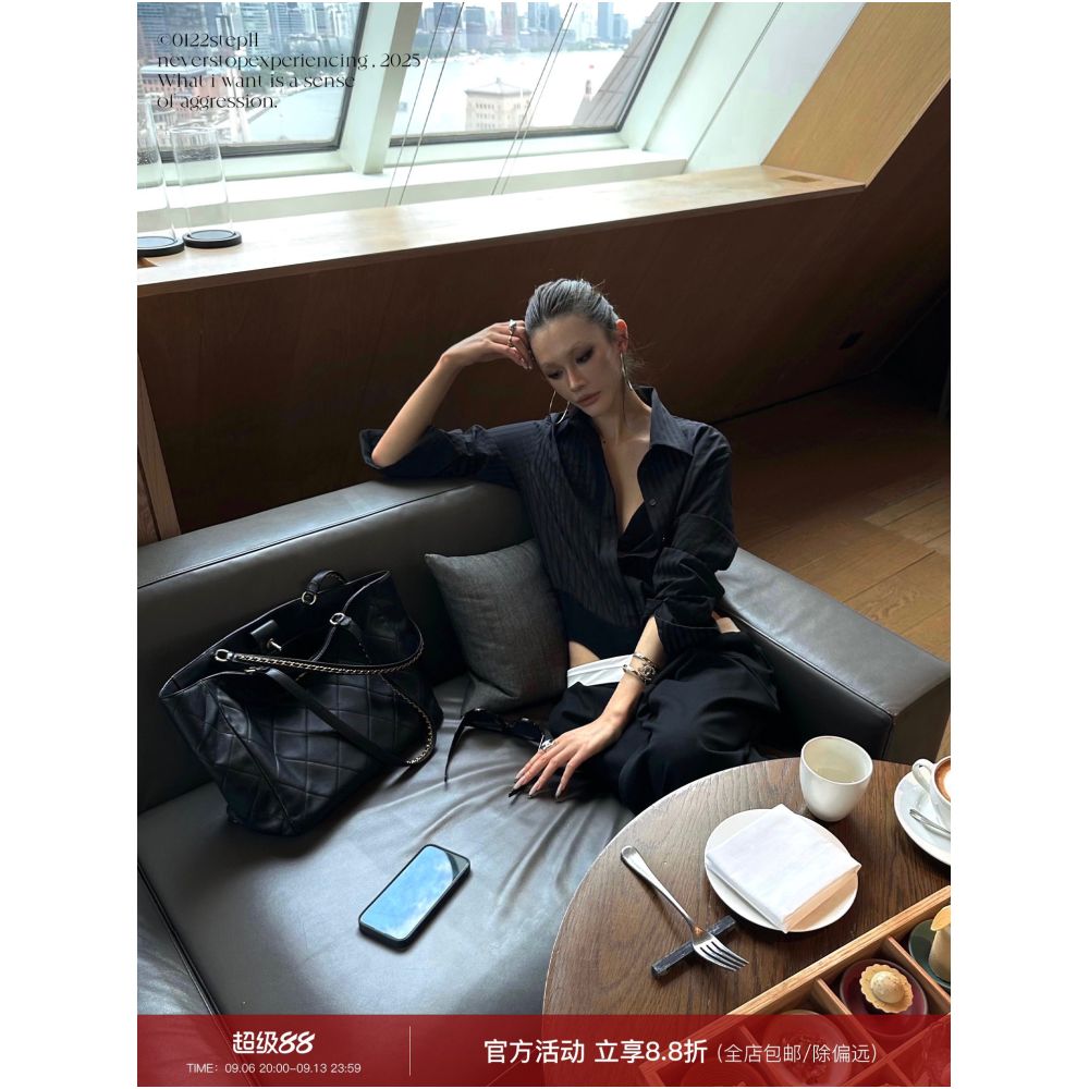 0122stepll Black Jumpsuit Shirt for Women Slim Fit Stylish Striped Long Sleeved Top with Lapel image 0