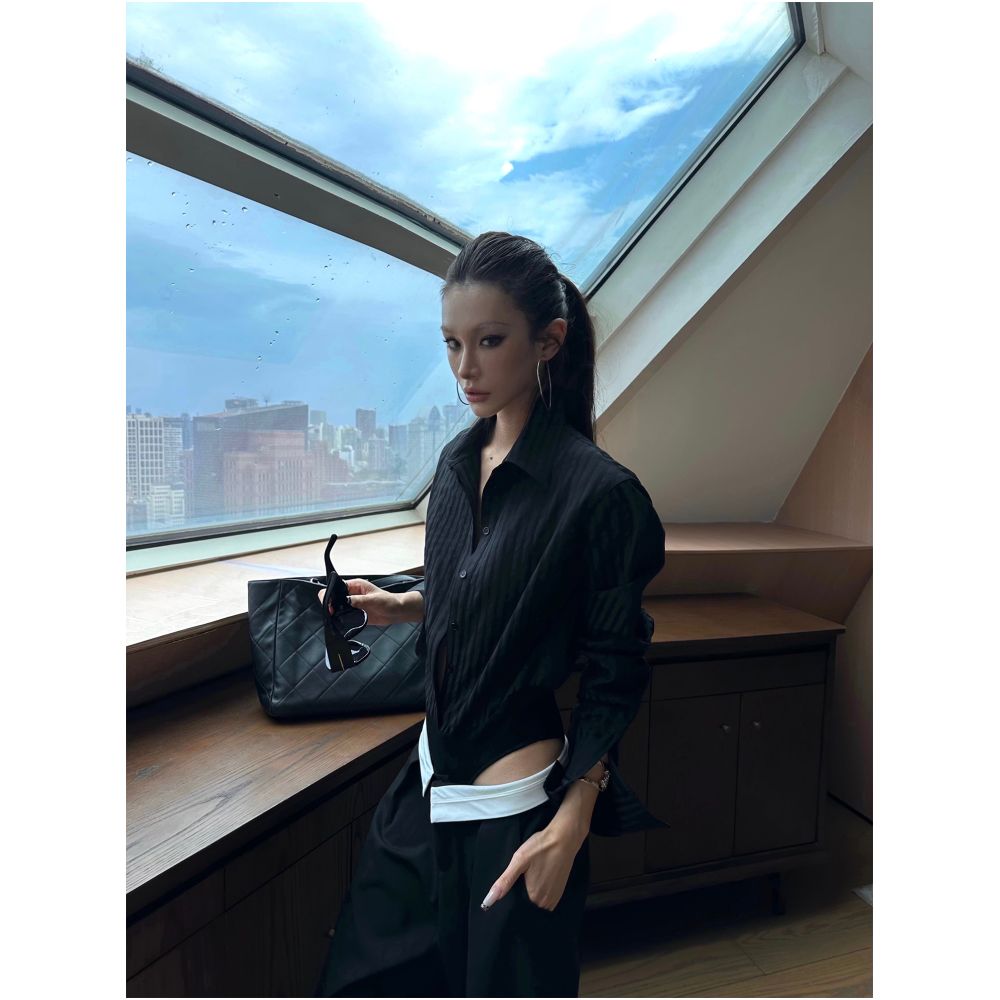 0122stepll Black Jumpsuit Shirt for Women Slim Fit Stylish Striped Long Sleeved Top with Lapel image 1