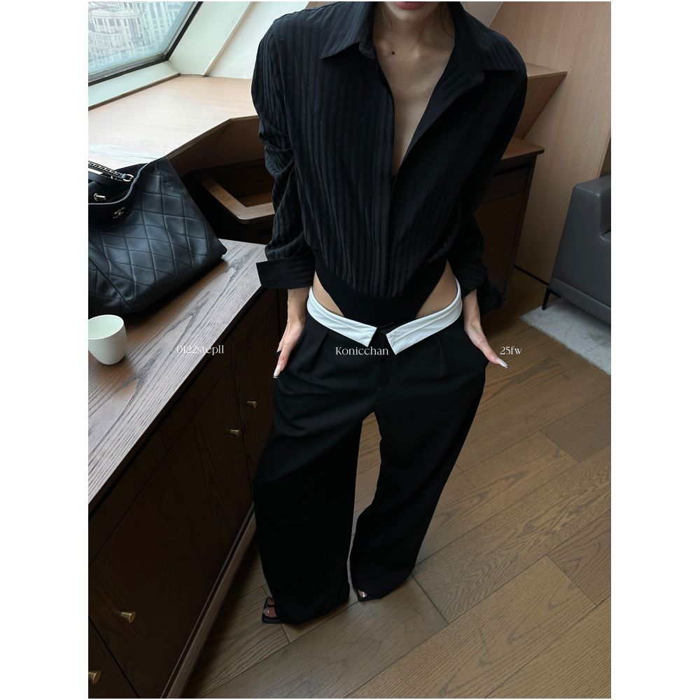 0122stepll Black Jumpsuit Shirt for Women Slim Fit Stylish Striped Long Sleeved Top with Lapel image 2