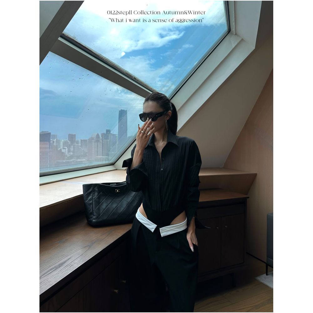 0122stepll Black Jumpsuit Shirt for Women Slim Fit Stylish Striped Long Sleeved Top with Lapel image 3