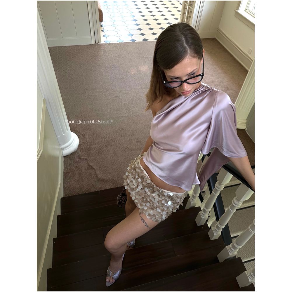 0122stepll Aura Goddess Off Shoulder T Shirt for Sexy Women Slimming Waist Design Satin One Shoulder Top image 1