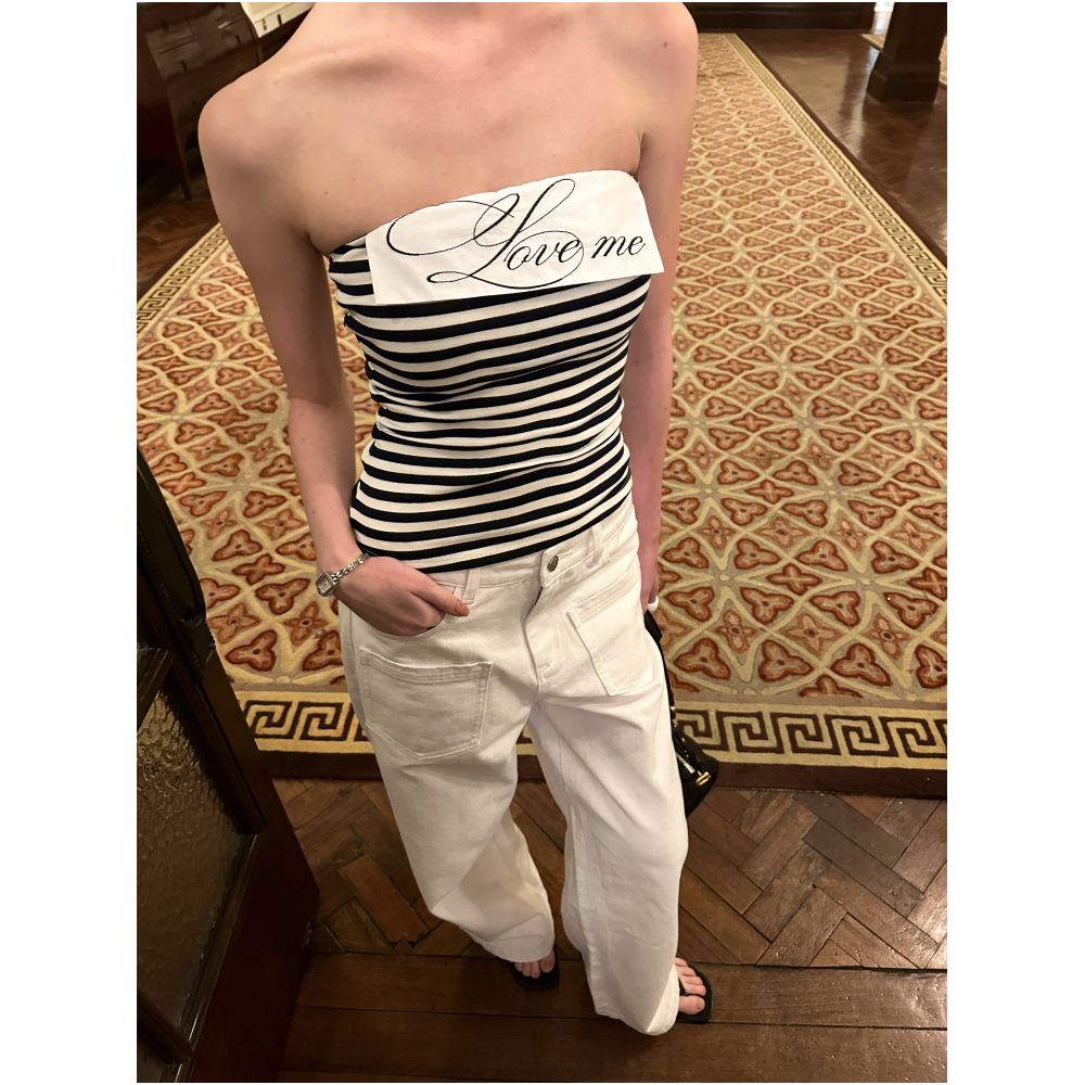 0122stepll s Beloved TOP Black and White Striped Strapless American Style Hot Girl Slim Fit Patchwork Rolled Up Sleeveless Top image 3