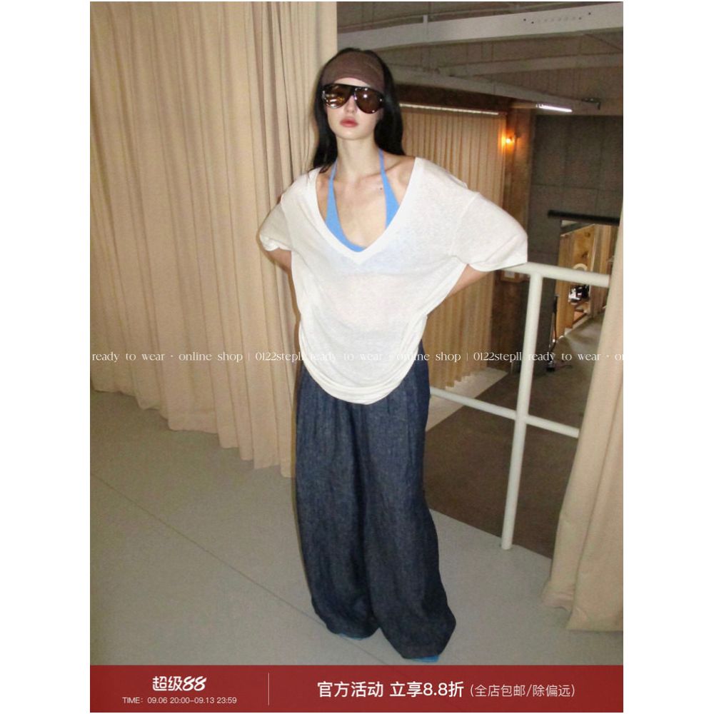 0122stepll Relaxed Formula White V neck T shirt for Women Loose Fit Relaxed Sexy Drop Shoulder Cover up Short Sleeve Top image 0