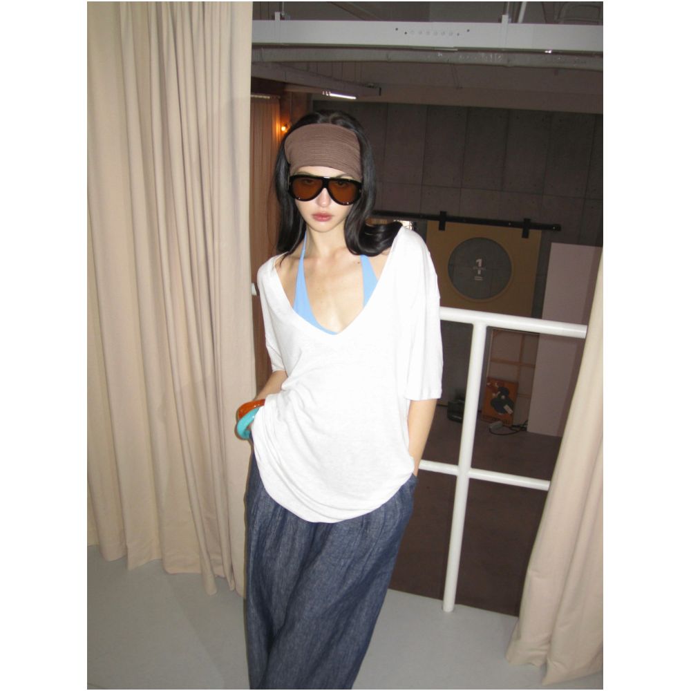 0122stepll Relaxed Formula White V neck T shirt for Women Loose Fit Relaxed Sexy Drop Shoulder Cover up Short Sleeve Top image 1