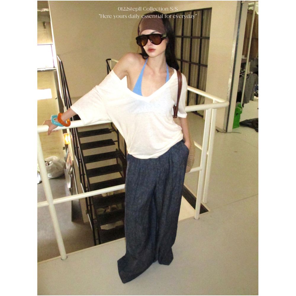 0122stepll Relaxed Formula White V neck T shirt for Women Loose Fit Relaxed Sexy Drop Shoulder Cover up Short Sleeve Top image 2
