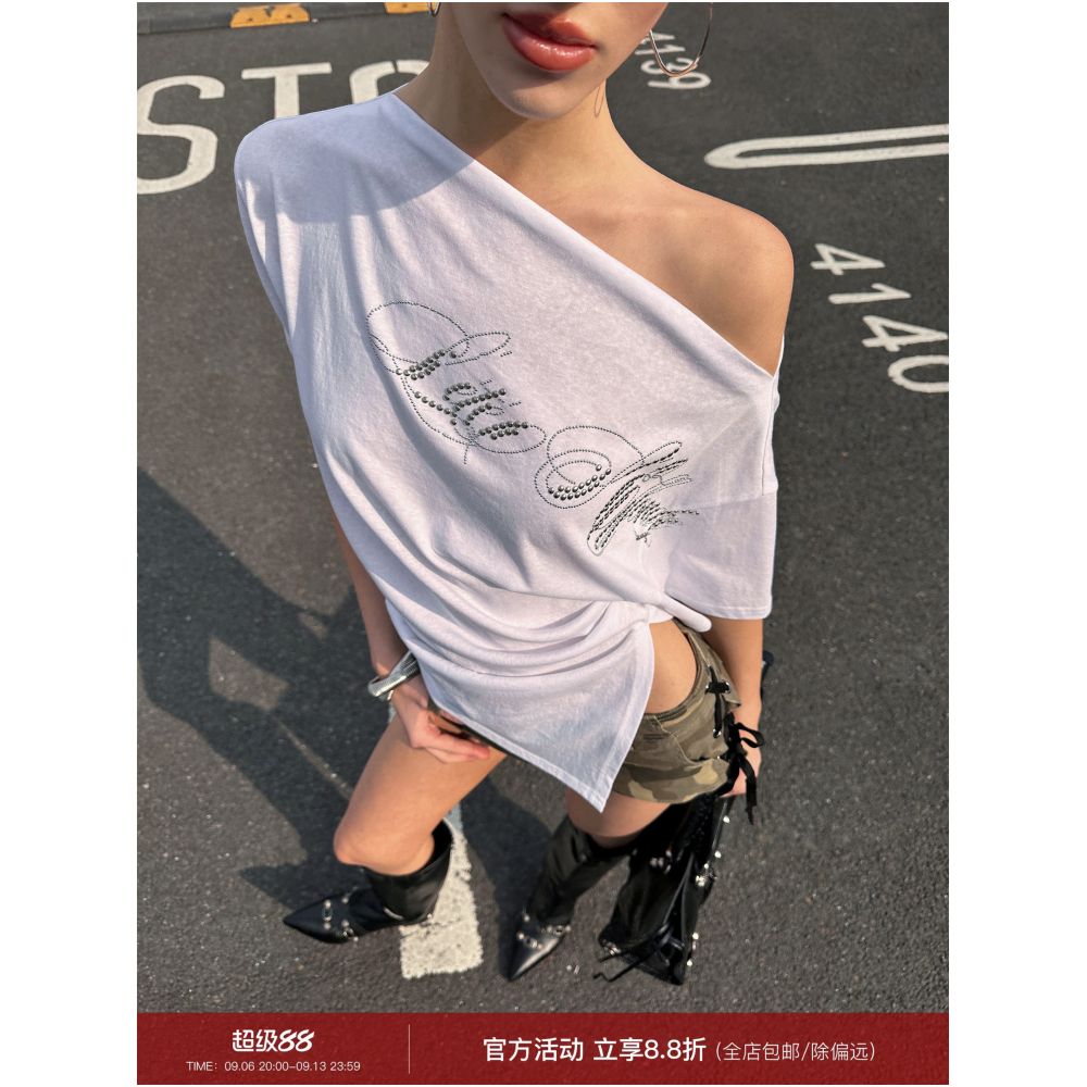 0122stepll Heartbeat Echo Off Shoulder Rhinestone T Shirt for Women New Summer Style Loose Fit Versatile White Top image 0