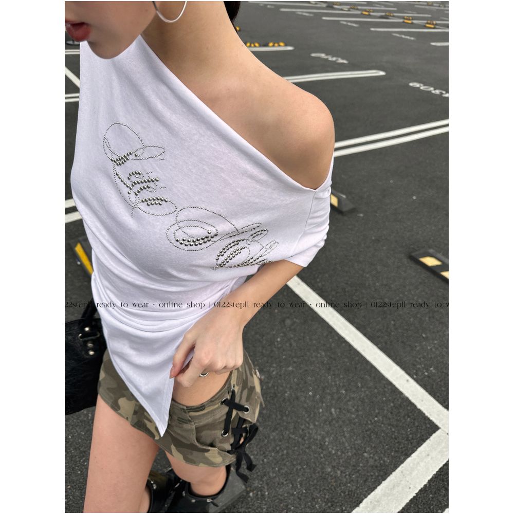 0122stepll Heartbeat Echo Off Shoulder Rhinestone T Shirt for Women New Summer Style Loose Fit Versatile White Top image 2