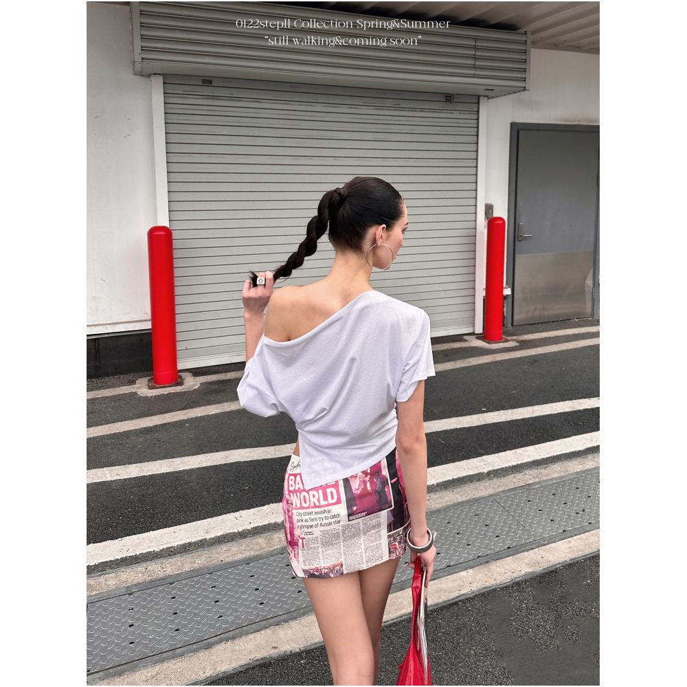 0122stepll Heartbeat Echo Off Shoulder Rhinestone T Shirt for Women New Summer Style Loose Fit Versatile White Top image 4