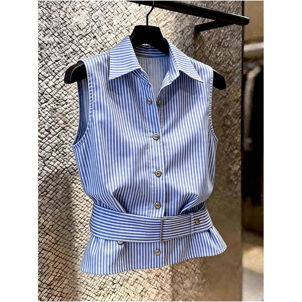 Summer 2026 New Fashionable Casual Super Beautiful High End Design Loose Blue Striped Sleeveless Shirt image 3